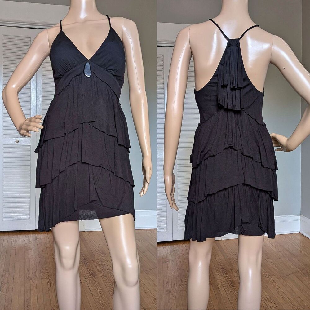 VINTAGE Y2K Bebe Black Mini Dress Ruffle Fairycore Grunge Whimsigoth Size S